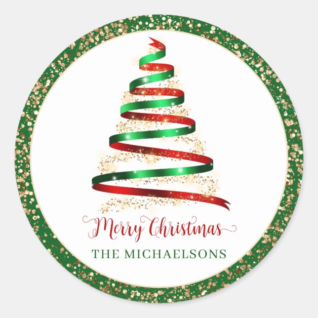 Ribbon Merry Christmas Tree Gold Glitzer Runder Aufkleber (Vorderseite)