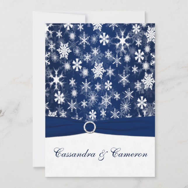 RIBBON Navy Blue, White Snowflakes Hochzeit Einladung (Vorderseite)