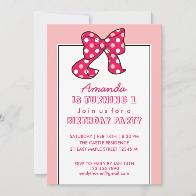 Ribbon Pois rose et Bow Invitation d'anniversaire (Devant)