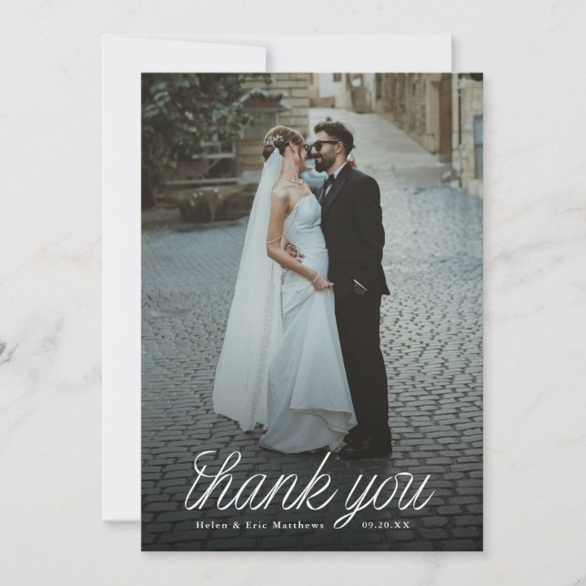 Ribbon Script Minimalist Wedding Photo  Dankeskarte (Vorderseite)