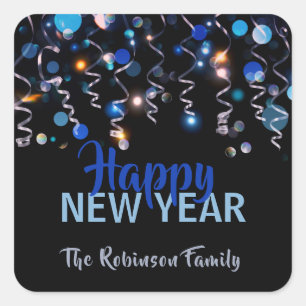 Ribbons Bokeh Lights New Year Party Celebration Quadratischer Aufkleber