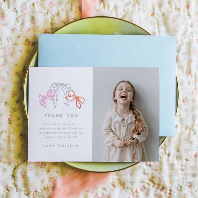 Ribbons und Bows Farbenfrohe Wasserfarbe Vielen Da Dankeskarte (Ribbons and Bows watercolor birthday girl photo Thank You card.)