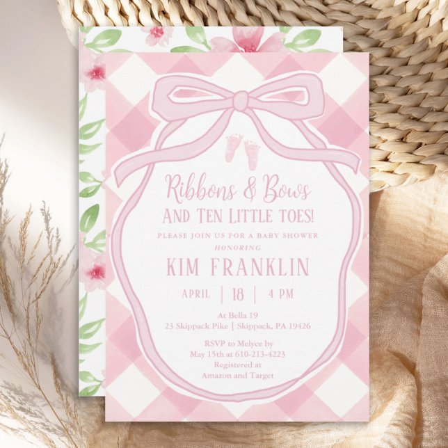 Ribbons und Bows Pink Gingham Girl Babydusche Einladung (Von Creator hochgeladen)