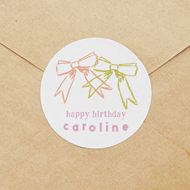 Ribbons und Bows zum Geburtstag Runder Aufkleber (Ribbons and Bows watercolor round Happy Birthday sticker.)