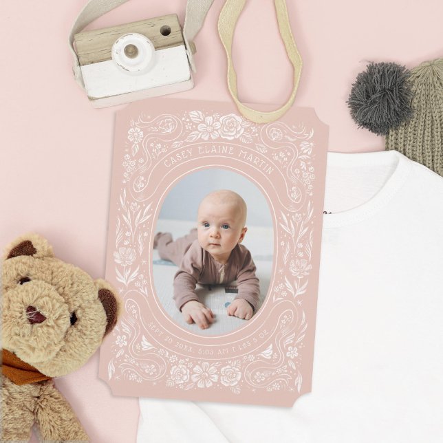 Ribbons und Rose Baby Blush Pink Foto Geburt Einladung (Von Creator hochgeladen)