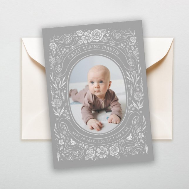 Ribbons und Rose Baby Light Gray Foto Birth Ankündigung (Von Creator hochgeladen)