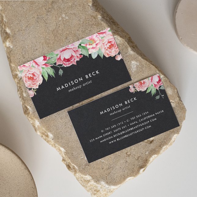 Rich Black & Blush Pink Peony Visitenkarte (Von Creator hochgeladen)
