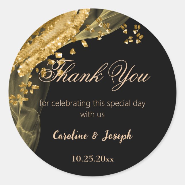 Rich Black & Gold Glitzer Sparkling Wedding Runder Aufkleber (Vorderseite)
