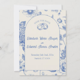Rich Blue Französisch Blumentoilette Save the Date Einladung