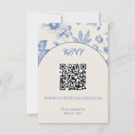 Rich Blue French Floral Toile QR-Code RSVP Karte