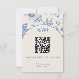Rich Blue French Floral Toile QR-Code RSVP Karte