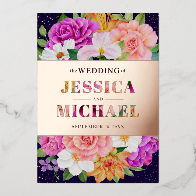 Rich Bouquets Lila Blue Pink Rose Gold Wedding Folieneinladung (Vorderseite)