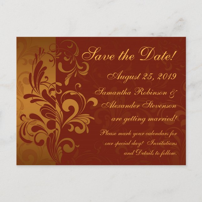 Rich Brick Red / Gold Reverse Swirl Save the Date Ankündigungspostkarte (Vorderseite)