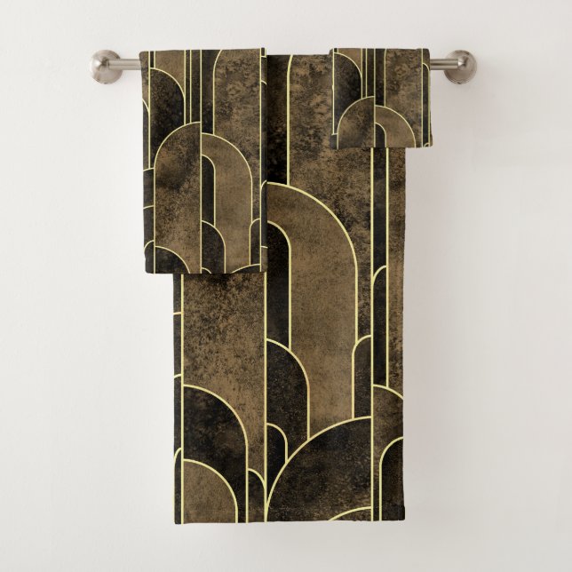 Rich Brown and Gold Art Deco Muster Badhandtuch Set (Insitu)