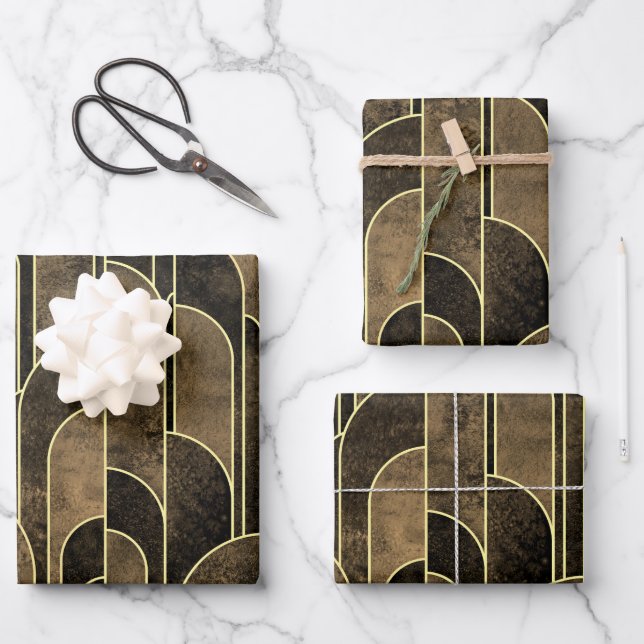 Rich Brown and Gold Art Deco Muster Geschenkpapier Set (Vorderseite)
