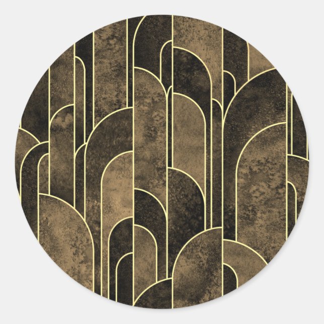 Rich Brown and Gold Art Deco Muster Runder Aufkleber (Vorderseite)