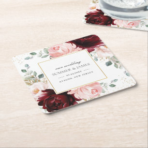 Rich Burgund Blush Pink Gastgeschenk Hochzeit Rechteckiger Pappuntersetzer