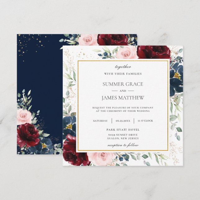 Rich Burgundy Blush Blue Floral Wedding Square Einladung (Vorne/Hinten)
