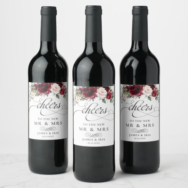 Rich Burgundy Red Blush Pink Floral Wedding Weinetikett (Flaschen)