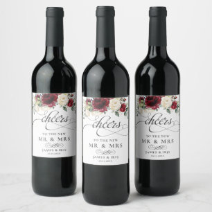 Rich Burgundy Red Ivory White Floral Wedding Weinetikett