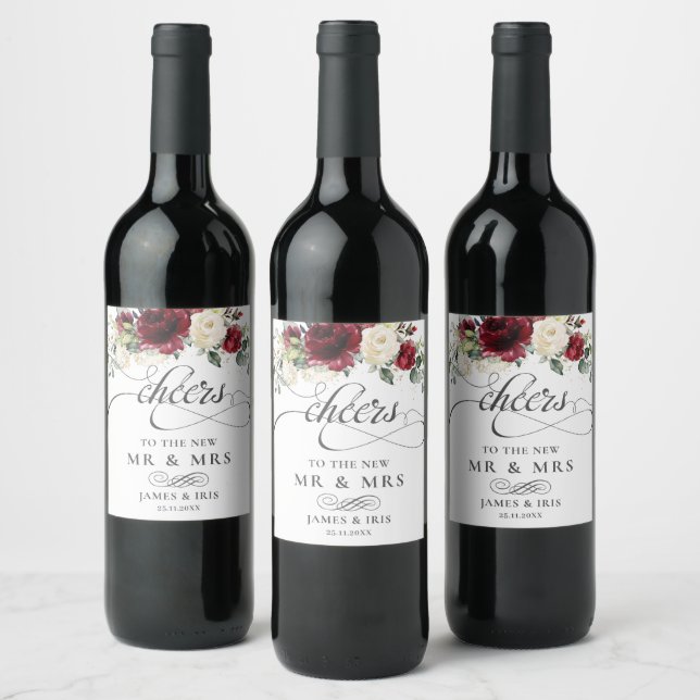 Rich Burgundy Red Ivory White Floral Wedding Weinetikett (Flaschen)