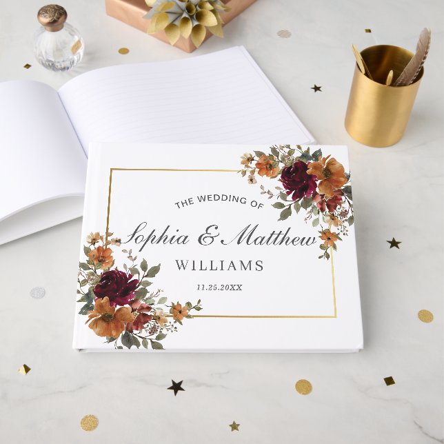 Rich Burgundy Rust Burnt Orange Floral Wedding Gästebuch (Vorderseite Offen)