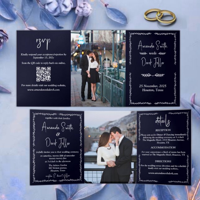 Rich Dark Blue Black Wedding Dreifach Gefaltete Einladung (Von Creator hochgeladen)