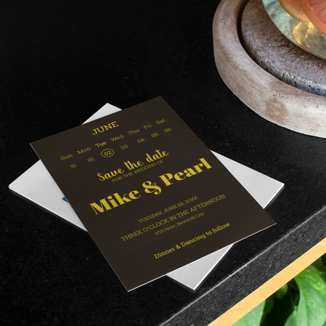 Rich Golden in Black Wedding Theme Save The Date (Make a best theme wedding like this rich golden and black theme wedding cards.)