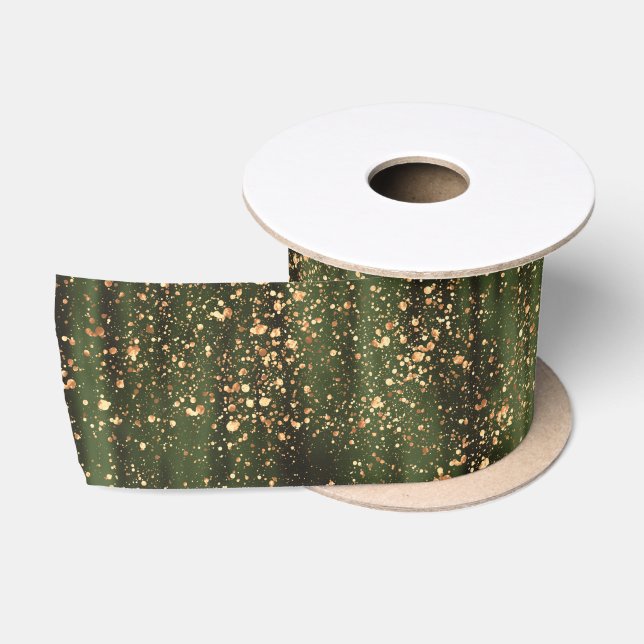 Rich Green and Gold Abstrakt Sparkle Muster Satinband (Spule)