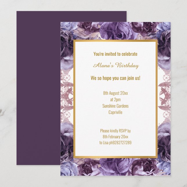 RICH LILA LILAC WEISSER BLUMENSTIL GEBURTSTAG EINLADUNG (Vorne/Hinten)