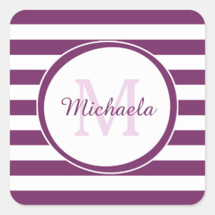 Rich Lila Monogramm mit groben Streifen Quadratischer Aufkleber