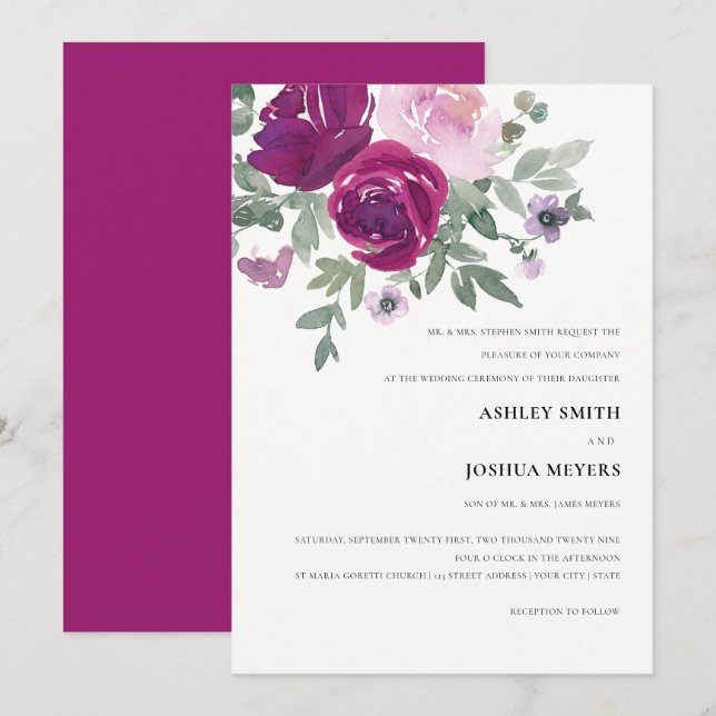 Rich Magenta Pink Floral Pearl White Wedding Einladung (Vorne/Hinten)