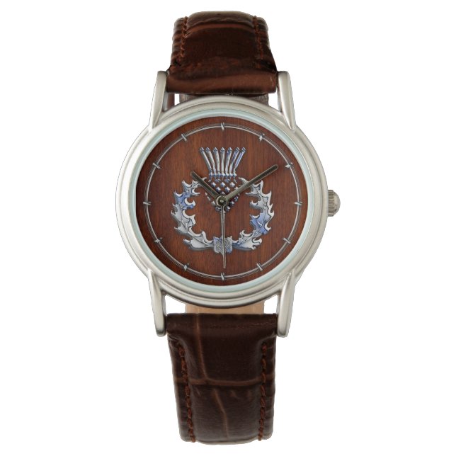 Rich Mahogany Wood Scottish Thistle Print Armbanduhr (Vorderseite)