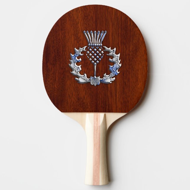 Rich Mahogany Wood Scottish Thistle Print Tischtennis Schläger (Rückseite)
