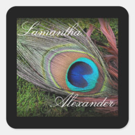 Rich Peacock Feather mit grünem Moss Quadratischer Aufkleber