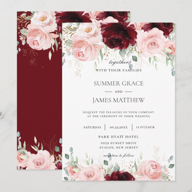 Rich Red Burgundy Blush Pink Roses Blumenhochzeit Einladung (Vorne/Hinten)