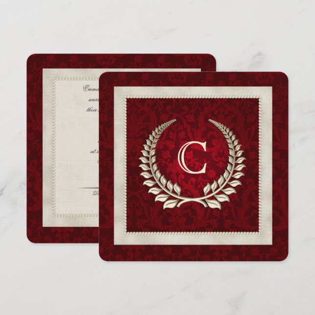 Rich Red Damask and Pearls Einladung zur Hochzeit (Vorne/Hinten)
