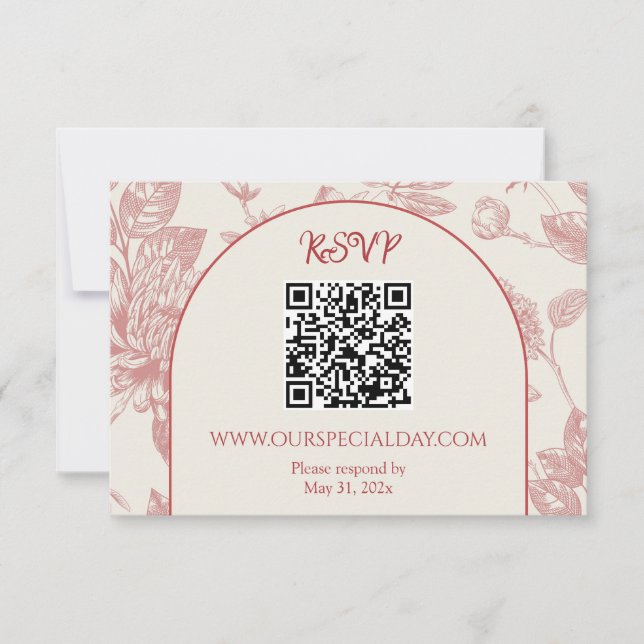Rich Red French Floral Toile RSVP Karte (Vorderseite)