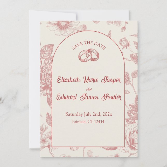 Rich Red French Floral Toile Save the Date Einladung (Vorderseite)