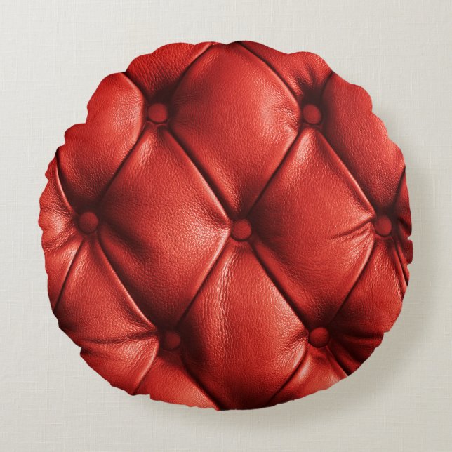 Rich Red Leather: Luxury Textured Detail Rundes Kissen (Vorderseite)
