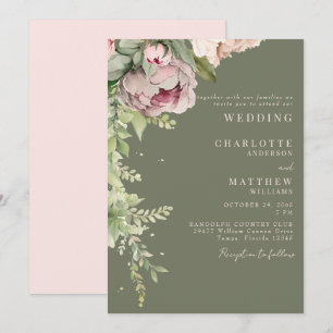 Rich Sage & Pink Peonies Elegante Hochzeit Einladung
