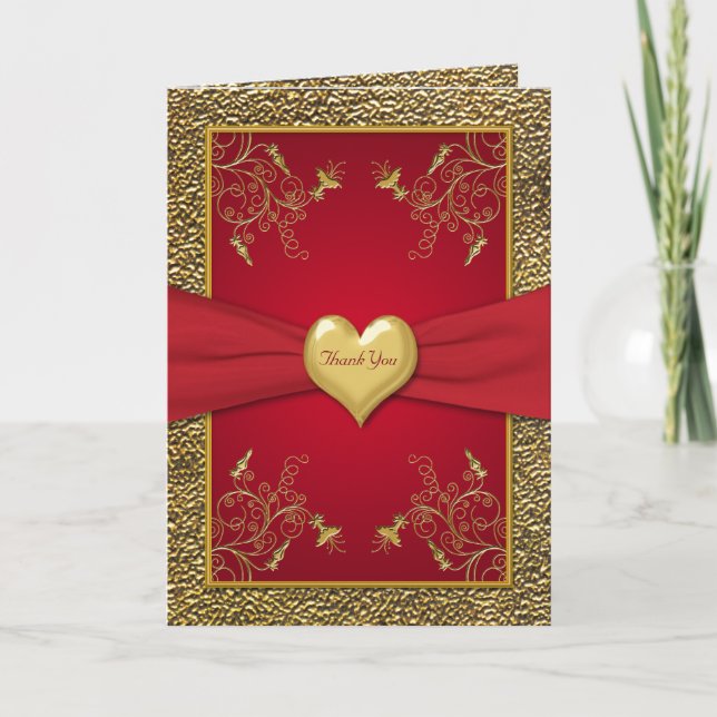 Riche Carte de remerciements de coeur rouge et or (Devant)