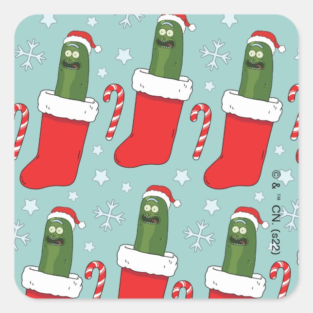 Rick und Morty | Christmas Pickle Rick Pattern Quadratischer Aufkleber (Vorderseite)