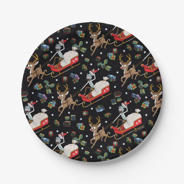 Rick und Morty | Christmas Reindeer Sleigh Pattern Pappteller (Vorderseite)