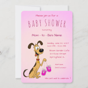 Rico der Hund hält süße rosa Babyschuhe Einladung