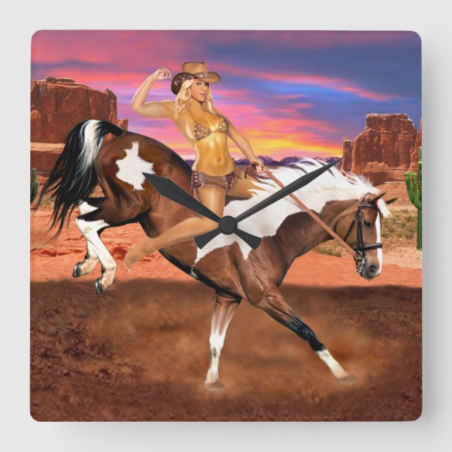 RIDE’M BRONCO COWGIRL QUADRATISCHE WANDUHR (Vorderseite)