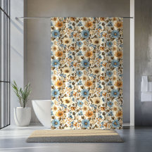 Rideau d'accent en terre cuite bohème floral bleu