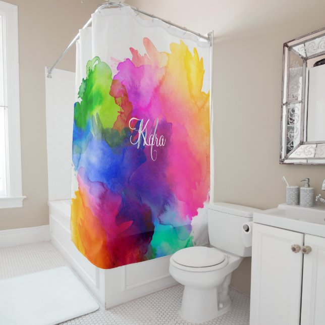 Rideau de douche à aquarelle arc-en-ciel (En situation)