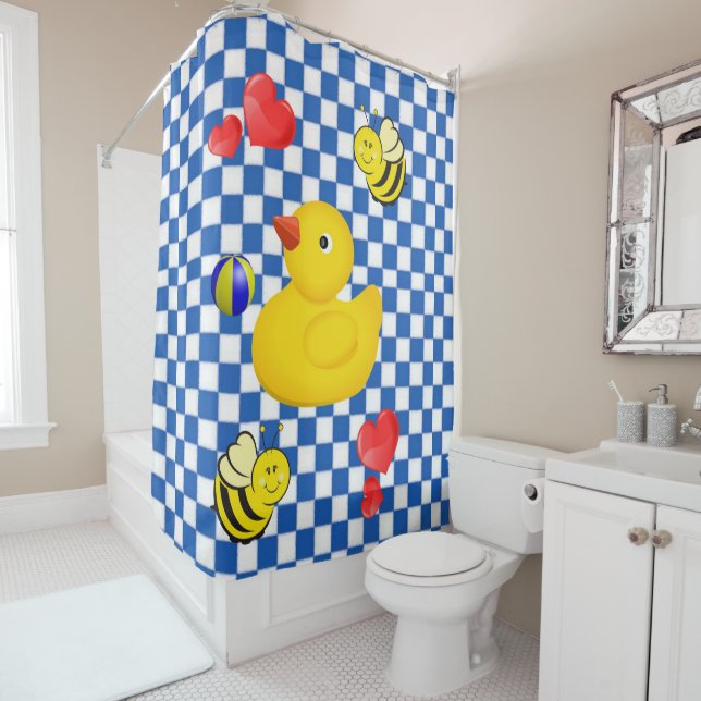 Rideau de douche, À damiers canard bleu blanc jaun (En situation)