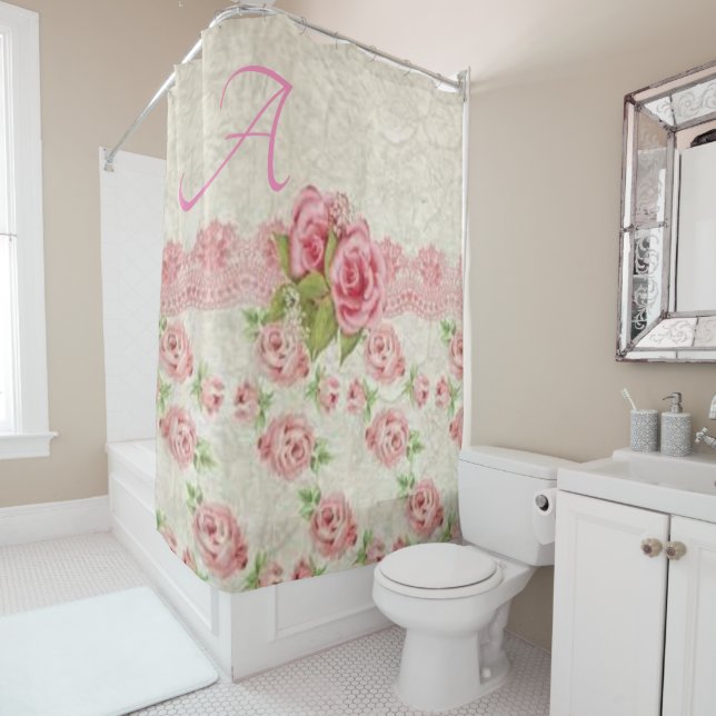 rideau de douche à fleurs rose victorien (En situation)